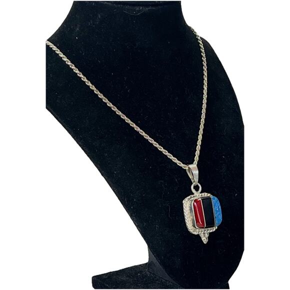 Vintage Taxco Sterling Silver Inlay Pendant Necklace – Coral Onyx Turquoise- 27” - Picture 2 of 16